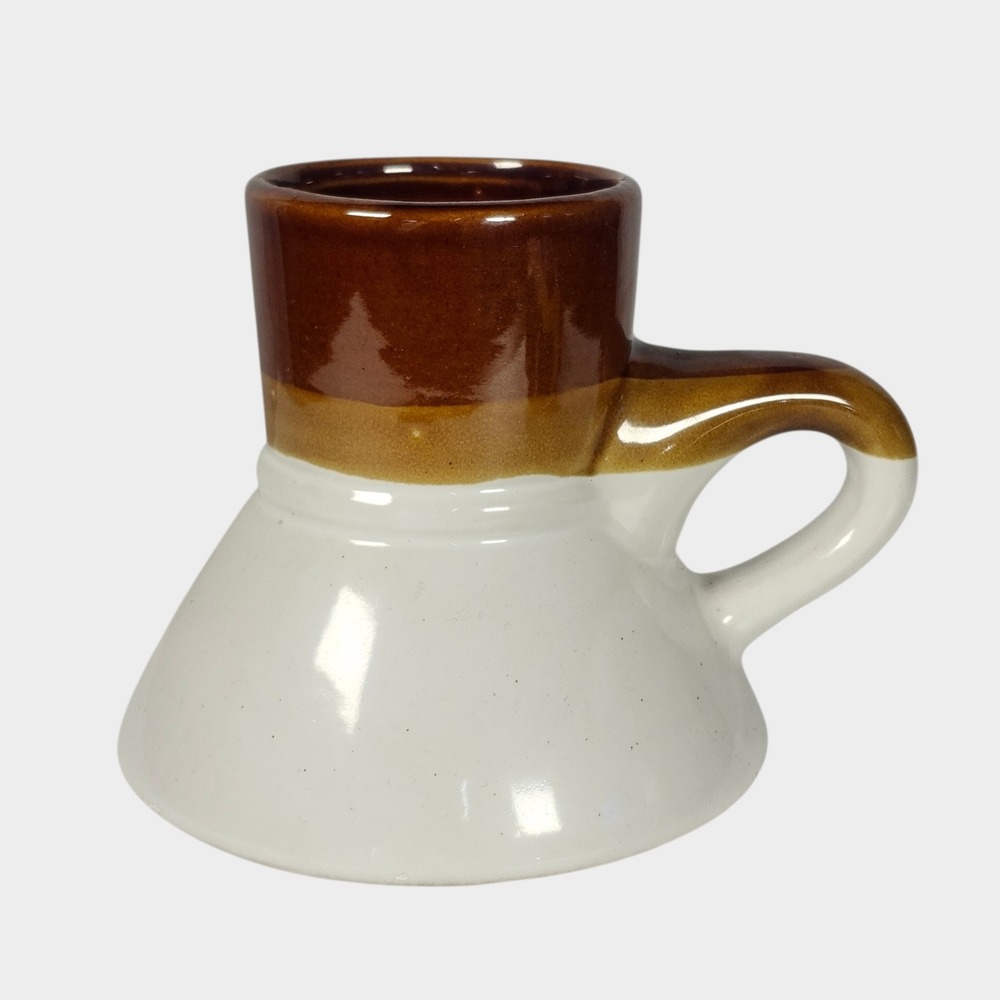 Vtg Ceramic Stoneware Travel Mug Brown Cream No Spill Wide No Slip Bottom Coffee